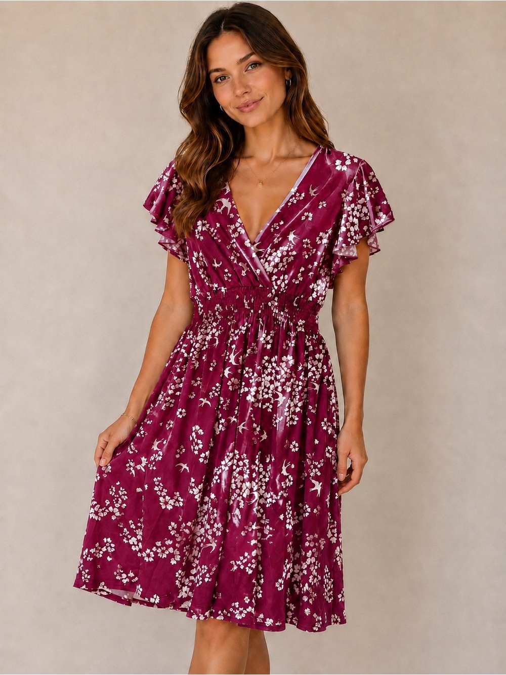 Anna Morgan Floral V-Neck Midi Dress in Berry/Plum